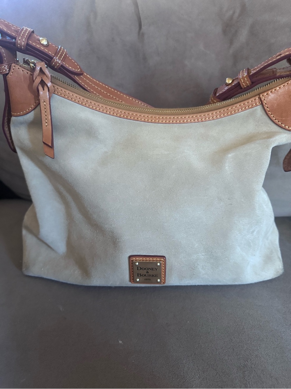 Dooney & Bourke Beige Suede Hobo with Brown Leather Trim